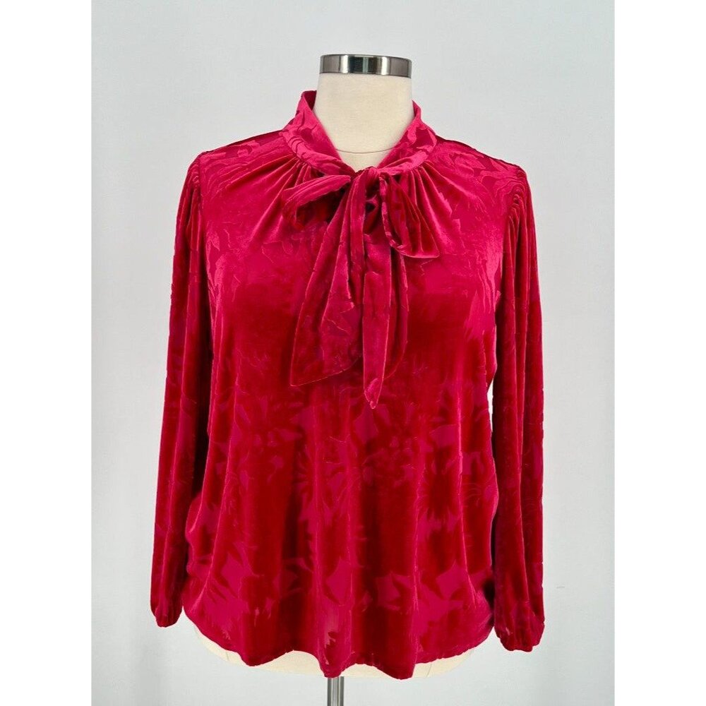 Eloquii - Burnout Velvet Tie-Neck Blouse Long Sleeve Floral Pattern Womens Plus